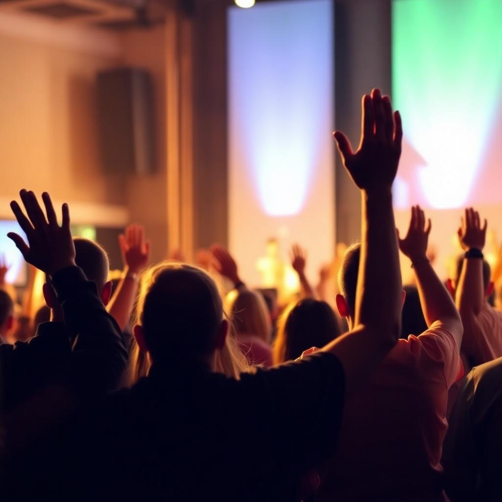 A worship gathering with hands raised
