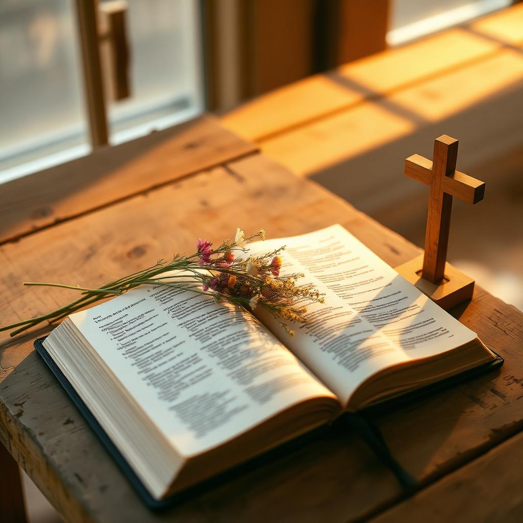An open Bible with wildflowers and a wooden cross on a sunlit table