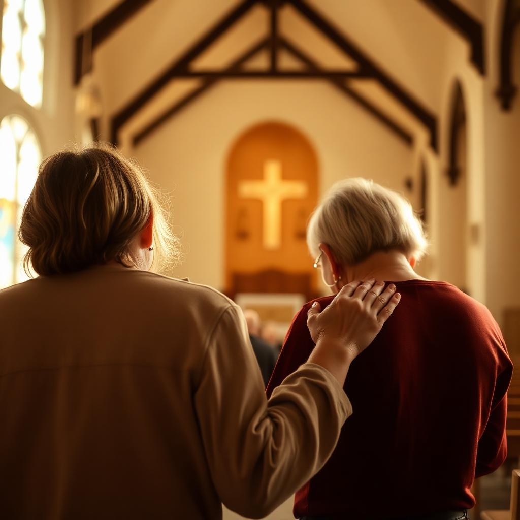 Two people praying together in a church