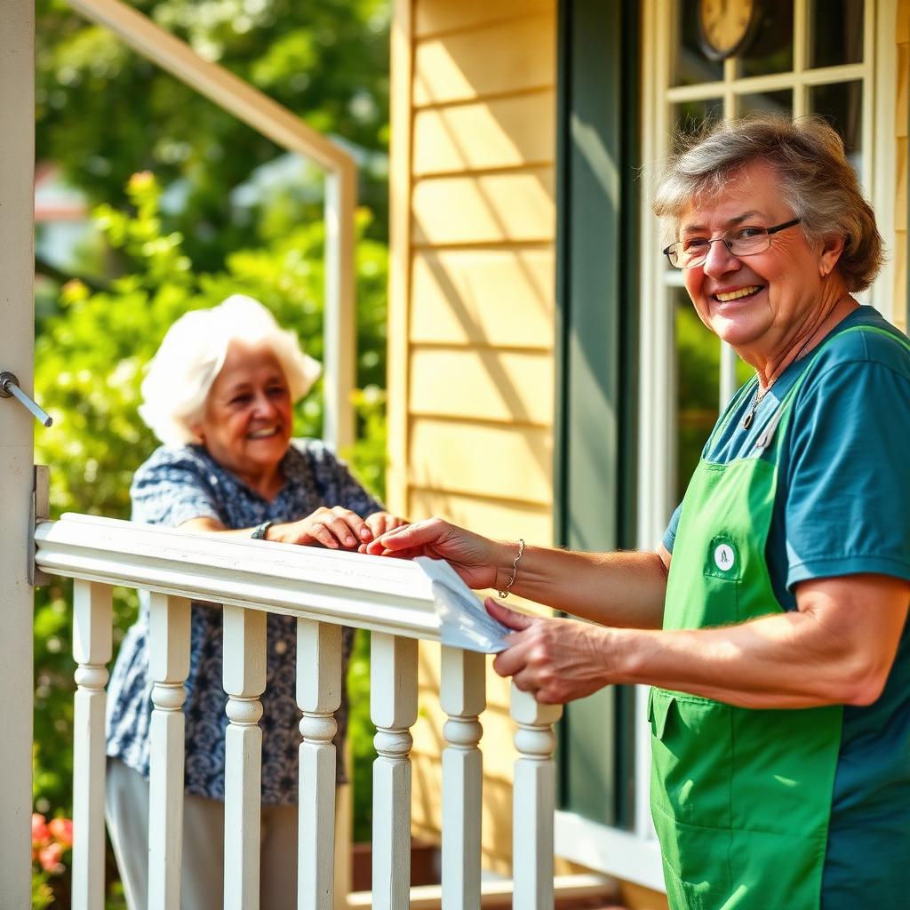 A volunteer repairing a porch for an elderly neighbor